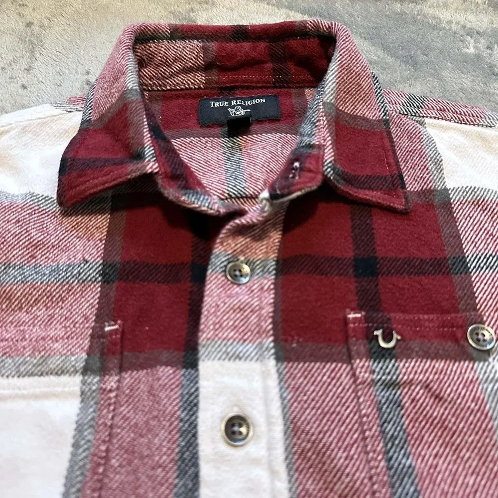 True Religion Shirt Mens S Red White Plaid Flannel Heavy Button Up Western Ranch